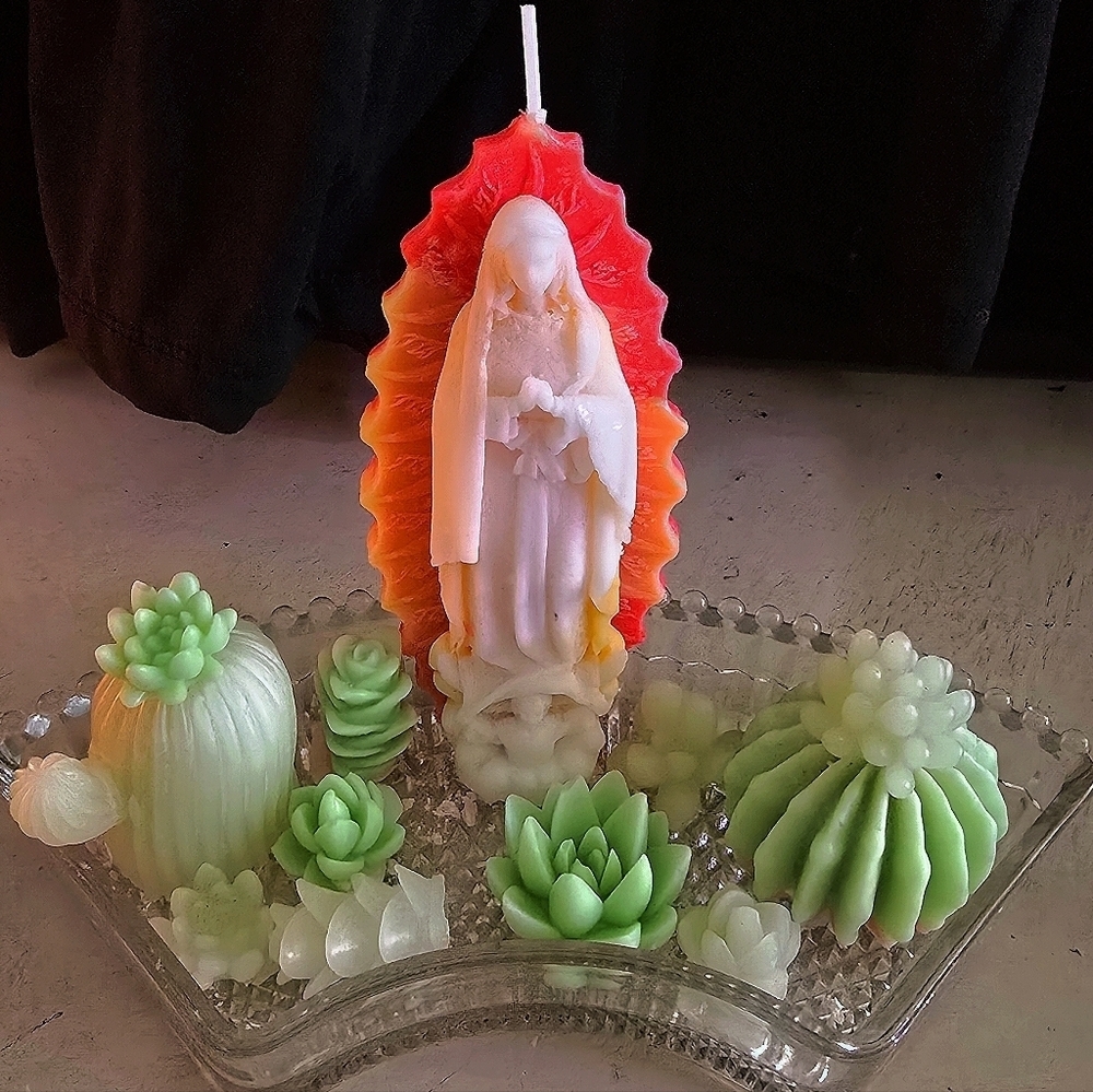 Virgen de Guadalupe Candle Altar Set w/ Crystal Tray | Tepeyac Inspired Handmade